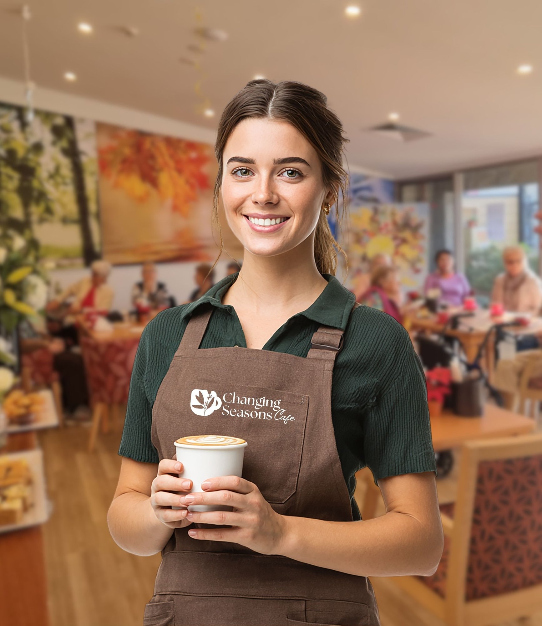 welcoming waitress in cafe - 750x650mm